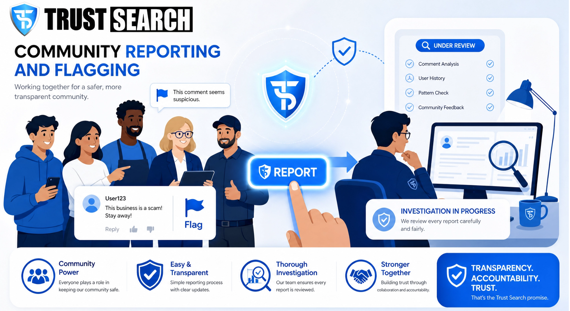 How do we protect users from Fake Reviews on The Trust Search? by thetrustsearch.com